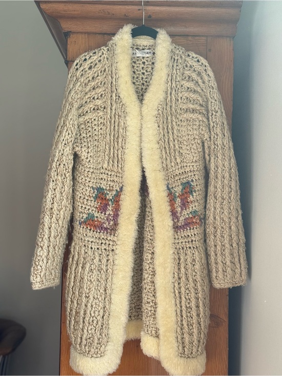 Andriano Sweaters - Vintage 1970’s Chunky Cream Knit Cardigan Coat with Faux Shearling Trim